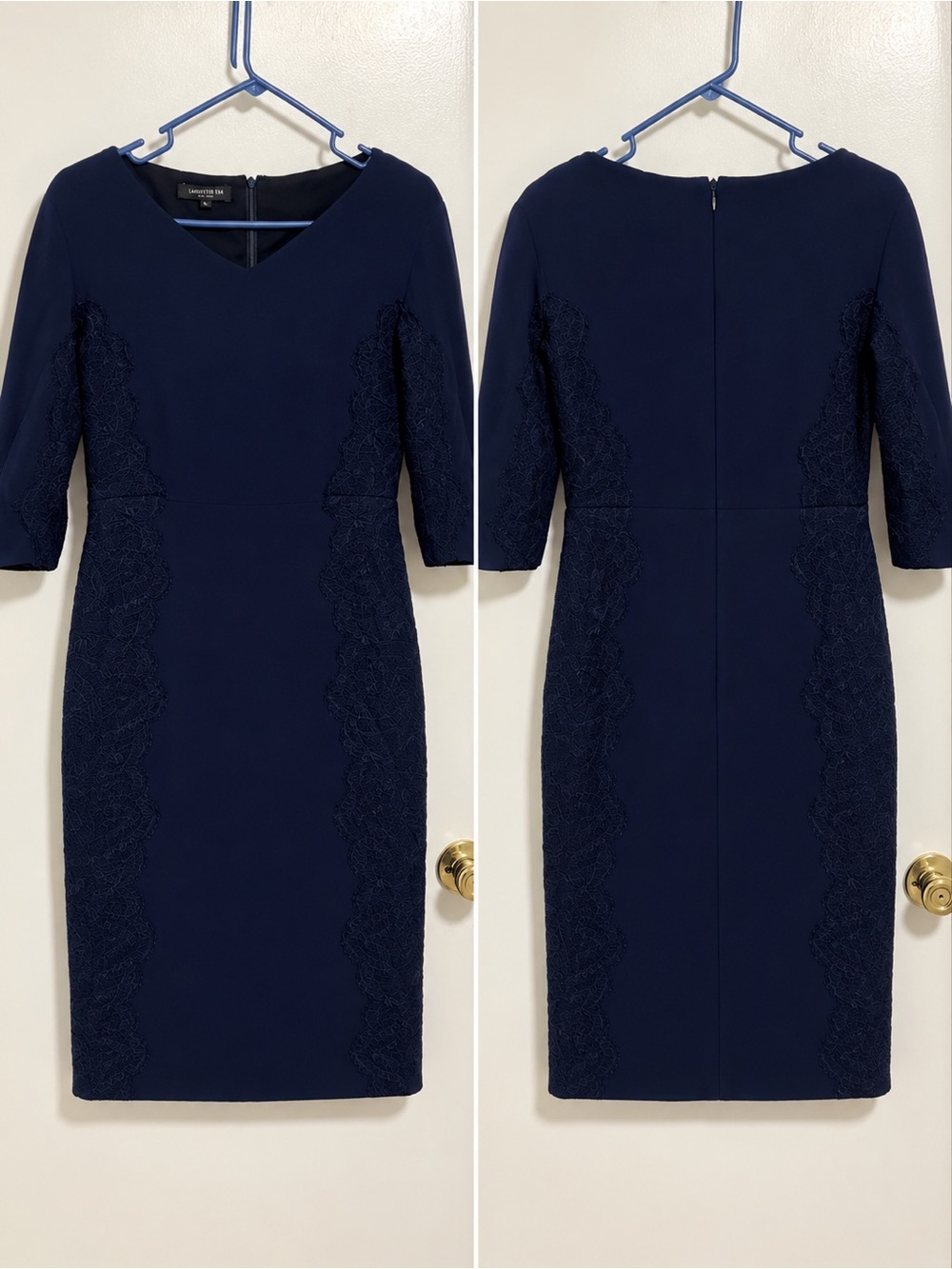 Lafayette 148 New York Navy Lace-Panel Midi Sheath Dress